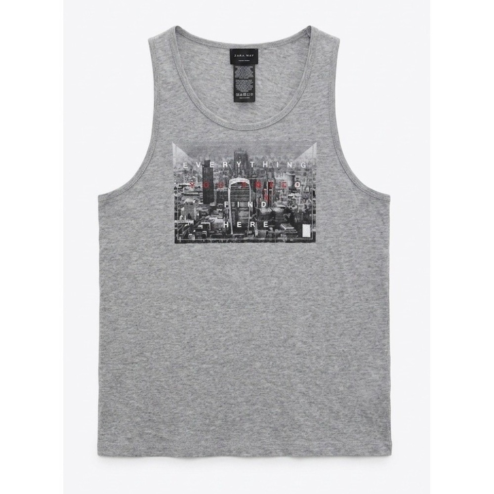 Zara Man Graphic Tank Top Mens L Gray Cityscape Print Sleeveless Streetwear Tee